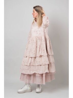 Ewa I Walla Petra Dress Powder Pink Floral Embroidered Tiered Midi